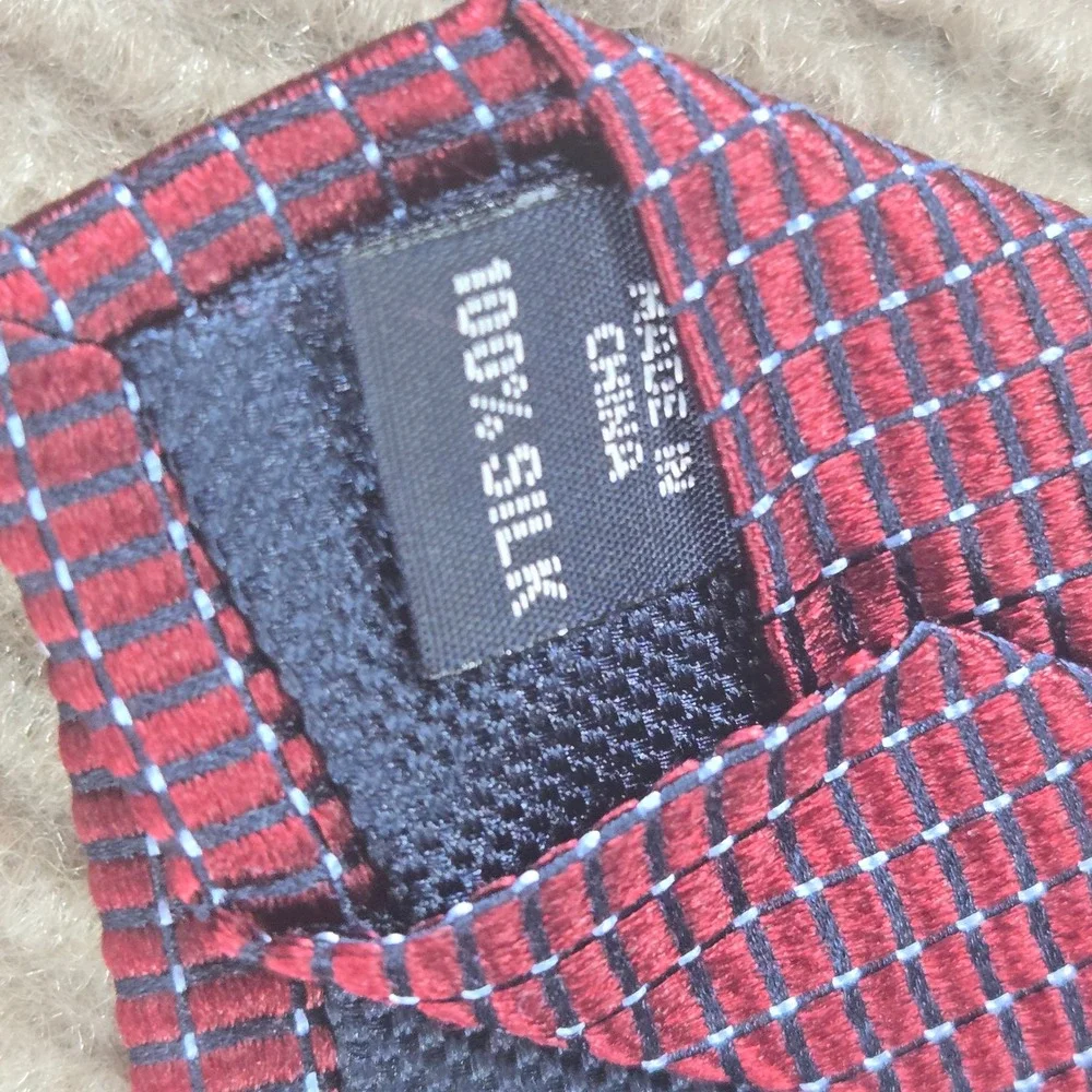 Nautica Mens Burgundy Red Blue Micro Check Silk Geometric Necktie
